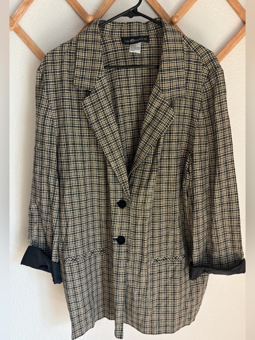 Vintage Sag Harbor Plaid Linen Blazer 90s Grunge Academia Jacket - Size 18 - Picture 1 of 8